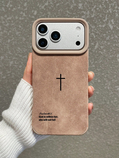 1pc Vintage Faux Suede Cross Religious English Scripture Phone Case Cover, Ins European & American Healing Style Psalm Slogan Anti-Slip Anti-Drop Full Coverage Protective Shell, Suitable For Mother's