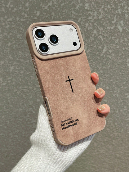 1pc Vintage Faux Suede Cross Religious English Scripture Phone Case Cover, Ins European & American Healing Style Psalm Slogan Anti-Slip Anti-Drop Full Coverage Protective Shell, Suitable For Mother's