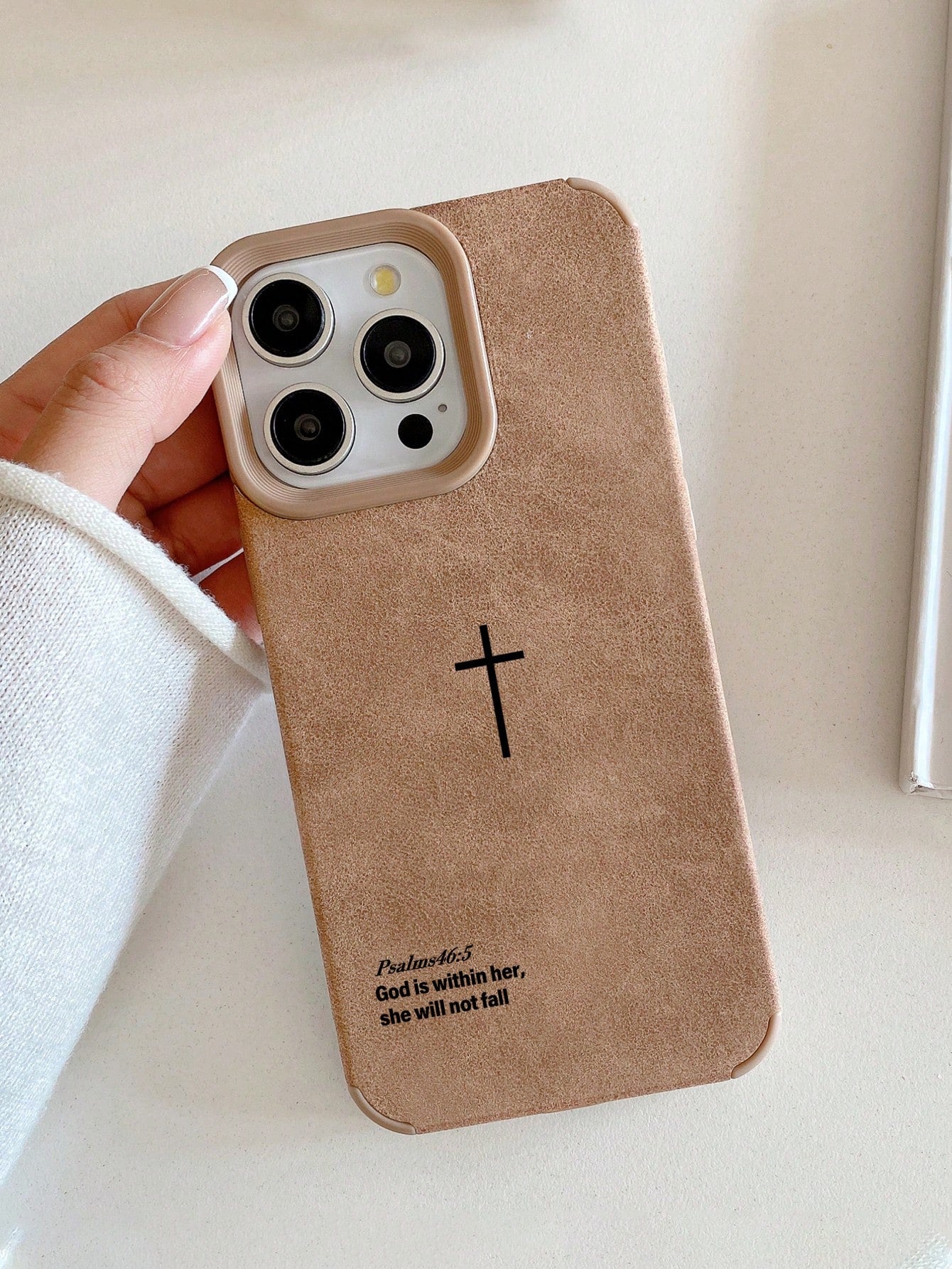 1pc Vintage Faux Suede Cross Religious English Scripture Phone Case Cover, Ins European & American Healing Style Psalm Slogan Anti-Slip Anti-Drop Full Coverage Protective Shell, Suitable For Mother's