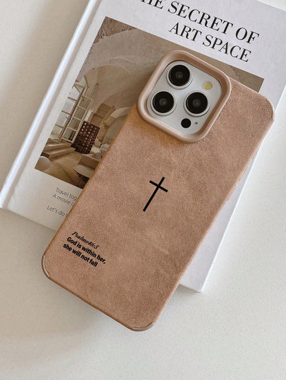 1pc Vintage Faux Suede Cross Religious English Scripture Phone Case Cover, Ins European & American Healing Style Psalm Slogan Anti-Slip Anti-Drop Full Coverage Protective Shell, Suitable For Mother's