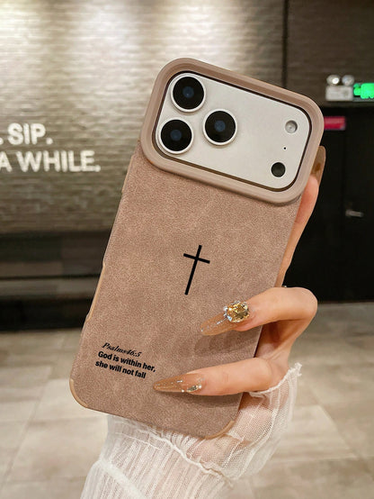 1pc Vintage Faux Suede Cross Religious English Scripture Phone Case Cover, Ins European & American Healing Style Psalm Slogan Anti-Slip Anti-Drop Full Coverage Protective Shell, Suitable For Mother's