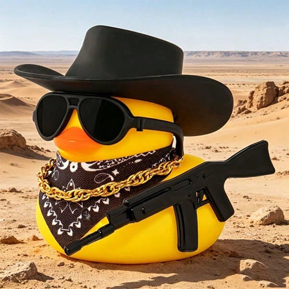 1pc Western Style Yellow Rubber Duck Car Decor, Novelty Duck With Black Hat, Fashionable Sunglasses And Necklace, Quirky Dashboard Decoration, Vehicle Interior Desktop Accessory, Ideal Gift For Car En