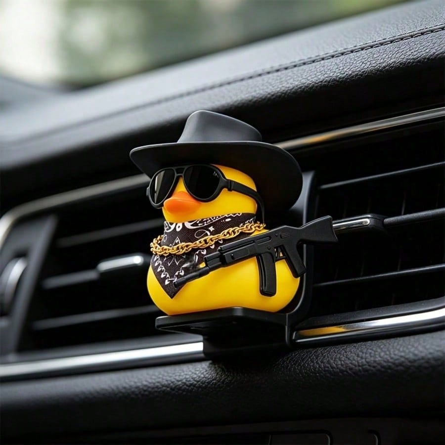 1pc Western Style Yellow Rubber Duck Car Decor, Novelty Duck With Black Hat, Fashionable Sunglasses And Necklace, Quirky Dashboard Decoration, Vehicle Interior Desktop Accessory, Ideal Gift For Car En