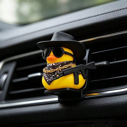 1pc Western Style Yellow Rubber Duck Car Decor, Novelty Duck With Black Hat, Fashionable Sunglasses And Necklace, Quirky Dashboard Decoration, Vehicle Interior Desktop Accessory, Ideal Gift For Car En