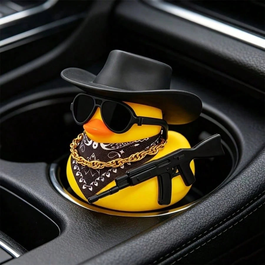 1pc Western Style Yellow Rubber Duck Car Decor, Novelty Duck With Black Hat, Fashionable Sunglasses And Necklace, Quirky Dashboard Decoration, Vehicle Interior Desktop Accessory, Ideal Gift For Car En