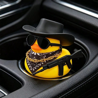 1pc Western Style Yellow Rubber Duck Car Decor, Novelty Duck With Black Hat, Fashionable Sunglasses And Necklace, Quirky Dashboard Decoration, Vehicle Interior Desktop Accessory, Ideal Gift For Car En