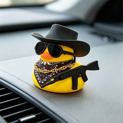 1pc Western Style Yellow Rubber Duck Car Decor, Novelty Duck With Black Hat, Fashionable Sunglasses And Necklace, Quirky Dashboard Decoration, Vehicle Interior Desktop Accessory, Ideal Gift For Car En