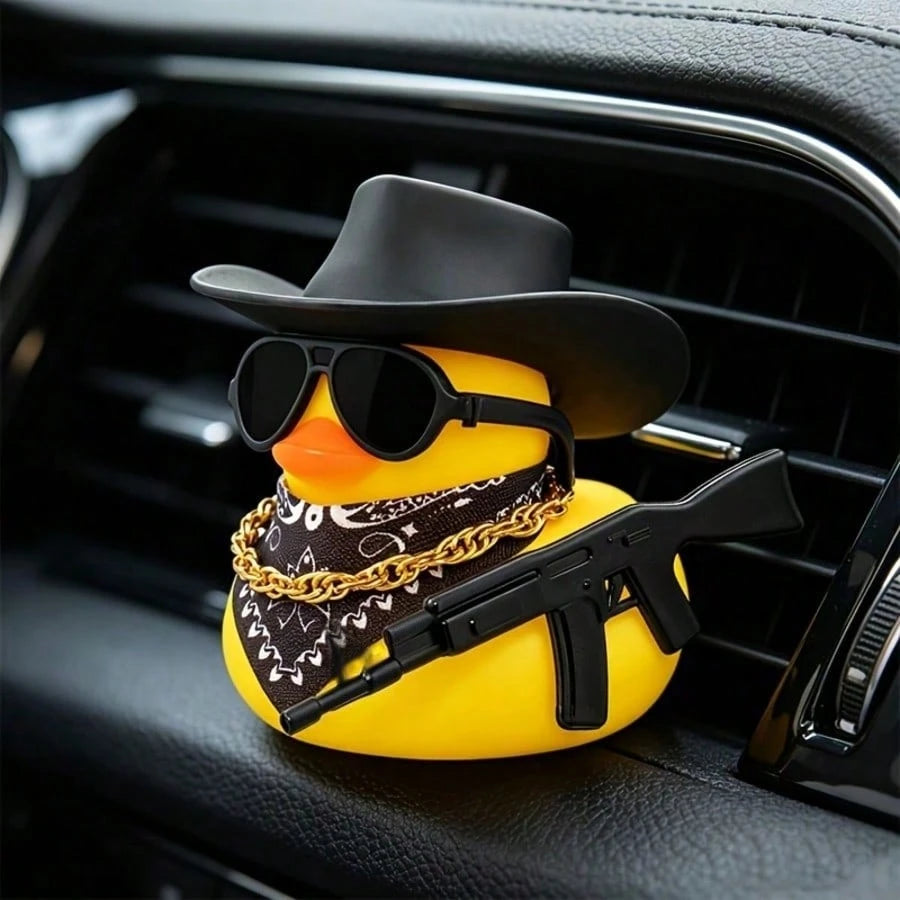 1pc Western Style Yellow Rubber Duck Car Decor, Novelty Duck With Black Hat, Fashionable Sunglasses And Necklace, Quirky Dashboard Decoration, Vehicle Interior Desktop Accessory, Ideal Gift For Car En