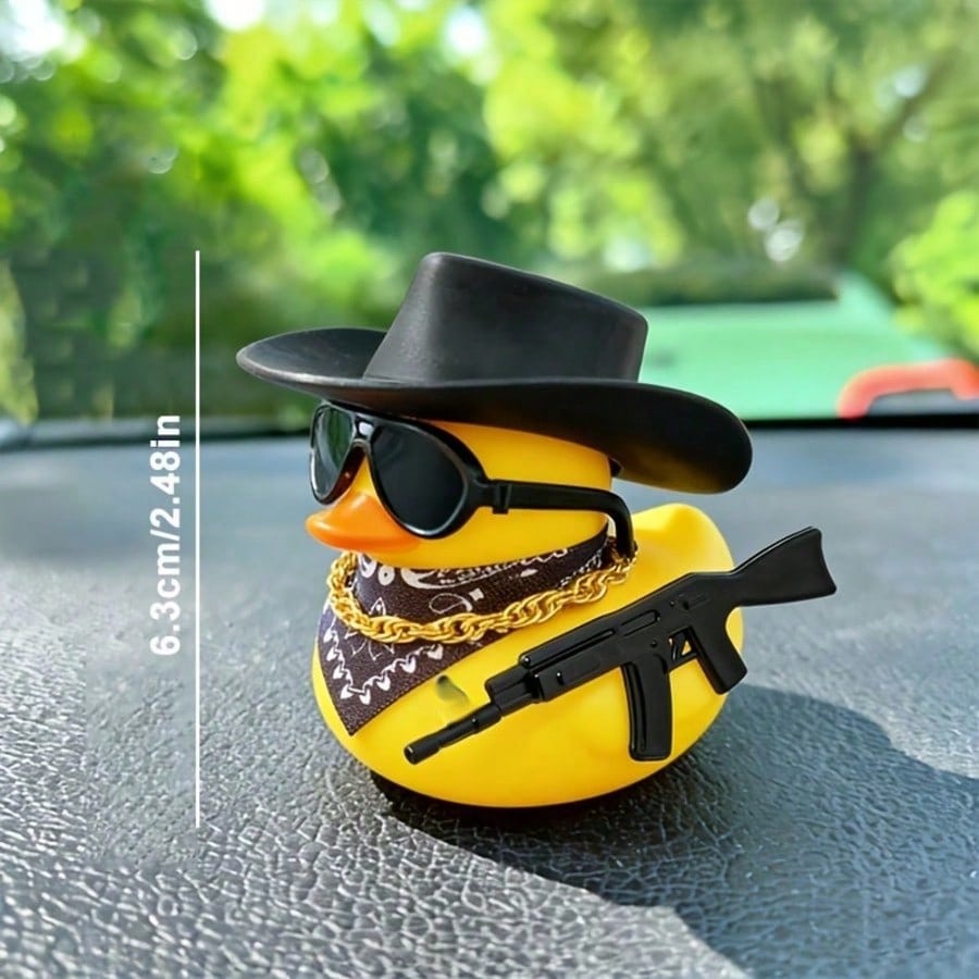 1pc Western Style Yellow Rubber Duck Car Decor, Novelty Duck With Black Hat, Fashionable Sunglasses And Necklace, Quirky Dashboard Decoration, Vehicle Interior Desktop Accessory, Ideal Gift For Car En