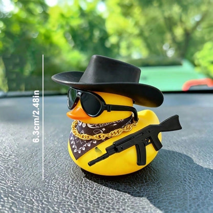 1pc Western Style Yellow Rubber Duck Car Decor, Novelty Duck With Black Hat, Fashionable Sunglasses And Necklace, Quirky Dashboard Decoration, Vehicle Interior Desktop Accessory, Ideal Gift For Car En