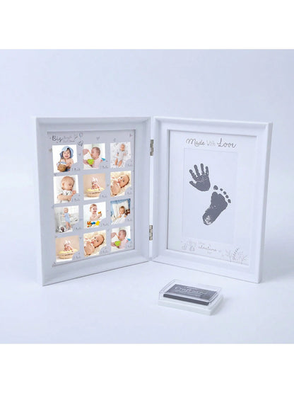 1pc White Book-Style Baby's 1st Year Growth Hand & Foot Print Photo Frame, Plastic Material Suitable For Daily Use & Commemorative Occasions (Requires 12pcs 4x4cm Photos, Hand & Foot Print Size: 8.5X1