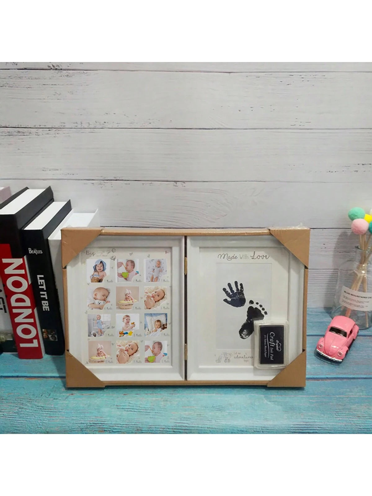 1pc White Book-Style Baby's 1st Year Growth Hand & Foot Print Photo Frame, Plastic Material Suitable For Daily Use & Commemorative Occasions (Requires 12pcs 4x4cm Photos, Hand & Foot Print Size: 8.5X1
