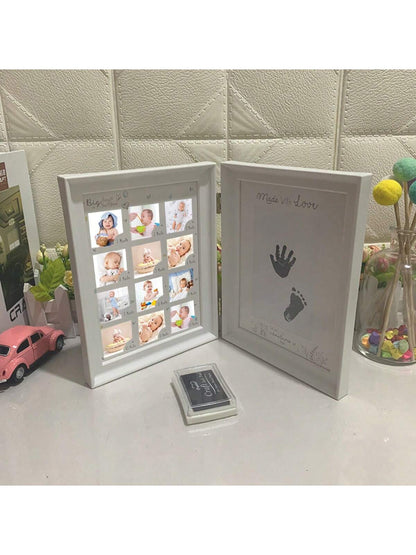 1pc White Book-Style Baby's 1st Year Growth Hand & Foot Print Photo Frame, Plastic Material Suitable For Daily Use & Commemorative Occasions (Requires 12pcs 4x4cm Photos, Hand & Foot Print Size: 8.5X1