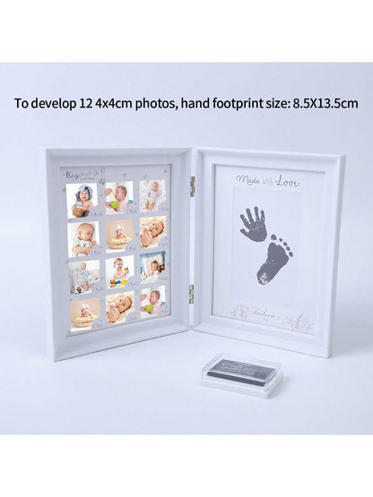 1pc White Book-Style Baby's 1st Year Growth Hand & Foot Print Photo Frame, Plastic Material Suitable For Daily Use & Commemorative Occasions (Requires 12pcs 4x4cm Photos, Hand & Foot Print Size: 8.5X1