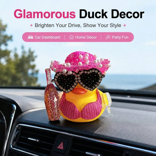 1pc White Duck Car Dashboard Decoration With Pink Glitter Hat, Champagne Bottle And Fashion Glasses- Fun Car Interior For Motorcycle, Bicycle, Holiday Gift And Party Atmosphere