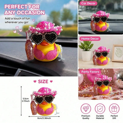 1pc White Duck Car Dashboard Decoration With Pink Glitter Hat, Champagne Bottle And Fashion Glasses- Fun Car Interior For Motorcycle, Bicycle, Holiday Gift And Party Atmosphere