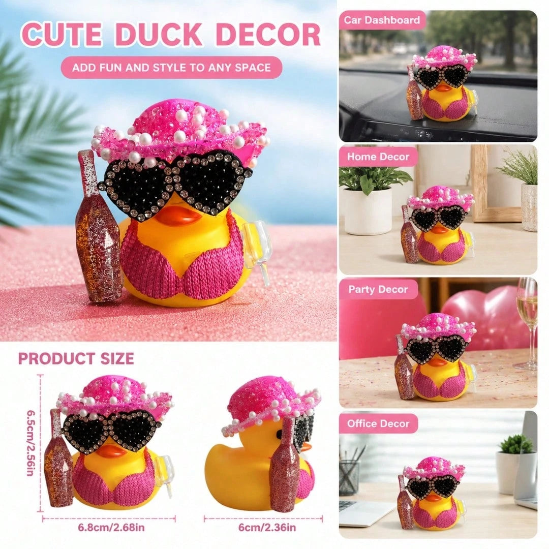 1pc White Duck Car Dashboard Decoration With Pink Glitter Hat, Champagne Bottle And Fashion Glasses- Fun Car Interior For Motorcycle, Bicycle, Holiday Gift And Party Atmosphere
