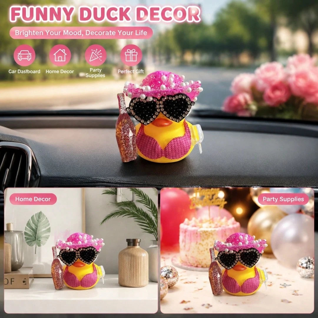 1pc White Duck Car Dashboard Decoration With Pink Glitter Hat, Champagne Bottle And Fashion Glasses- Fun Car Interior For Motorcycle, Bicycle, Holiday Gift And Party Atmosphere