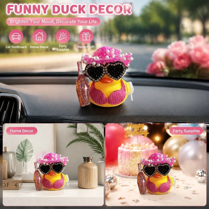 1pc White Duck Car Dashboard Decoration With Pink Glitter Hat, Champagne Bottle And Fashion Glasses- Fun Car Interior For Motorcycle, Bicycle, Holiday Gift And Party Atmosphere