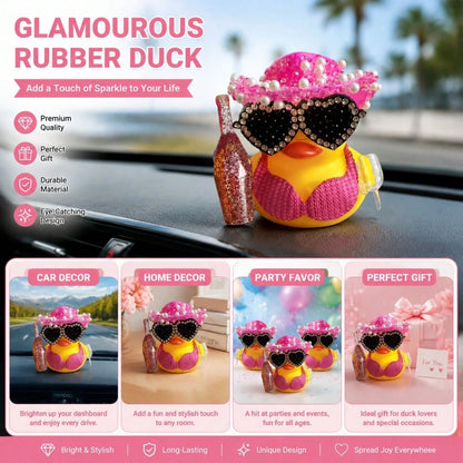 1pc White Duck Car Dashboard Decoration With Pink Glitter Hat, Champagne Bottle And Fashion Glasses- Fun Car Interior For Motorcycle, Bicycle, Holiday Gift And Party Atmosphere