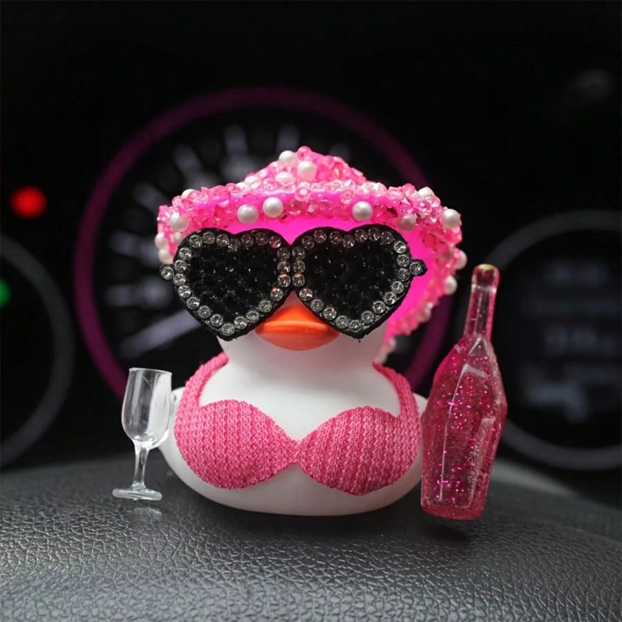 1pc White Duck Car Dashboard Decoration With Pink Glitter Hat, Champagne Bottle And Fashion Glasses- Fun Car Interior For Motorcycle, Bicycle, Holiday Gift And Party Atmosphere