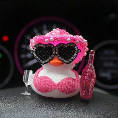 1pc White Duck Car Dashboard Decoration With Pink Glitter Hat, Champagne Bottle And Fashion Glasses- Fun Car Interior For Motorcycle, Bicycle, Holiday Gift And Party Atmosphere