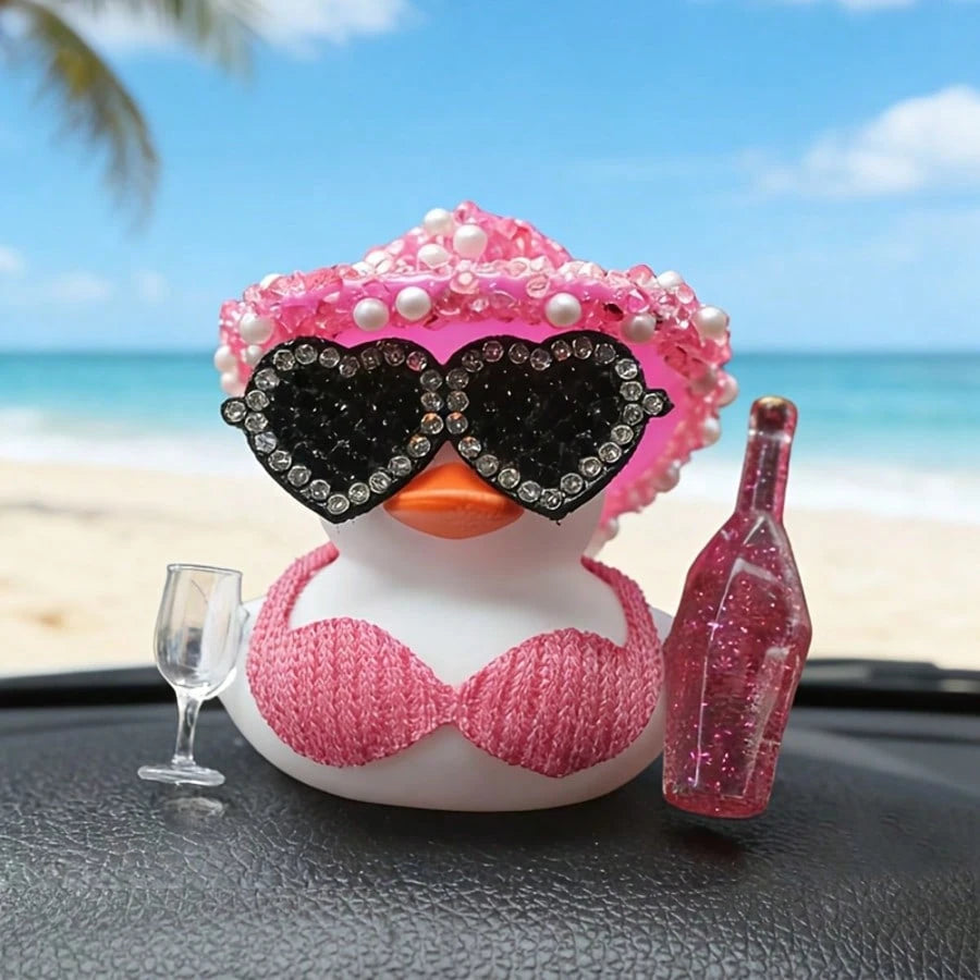 1pc White Duck Car Dashboard Decoration With Pink Glitter Hat, Champagne Bottle And Fashion Glasses- Fun Car Interior For Motorcycle, Bicycle, Holiday Gift And Party Atmosphere