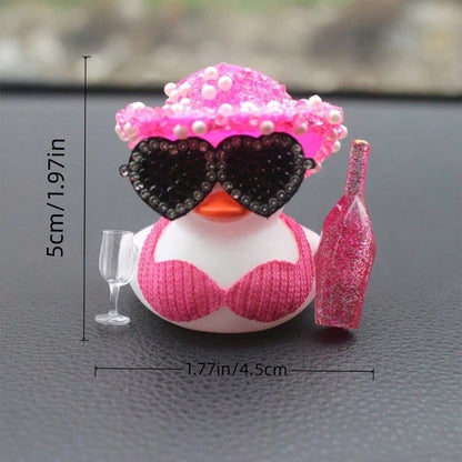 1pc White Duck Car Dashboard Decoration With Pink Glitter Hat, Champagne Bottle And Fashion Glasses- Fun Car Interior For Motorcycle, Bicycle, Holiday Gift And Party Atmosphere