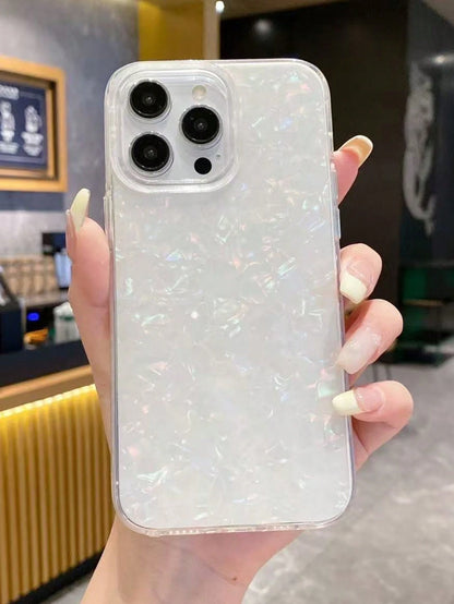 1pc White Electroplated Shell Pattern Glossy Soft Case, Compatible With 16/15/11/14/12/13 Pro Max, Camera Protection, Shockproof, Waterproof, Anti-Drop, Anti-Scratch
