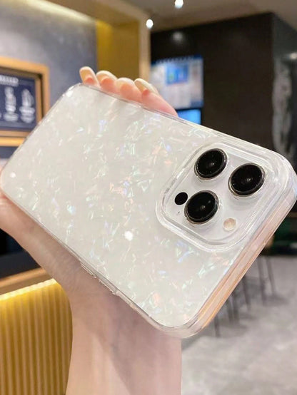 1pc White Electroplated Shell Pattern Glossy Soft Case, Compatible With 16/15/11/14/12/13 Pro Max, Camera Protection, Shockproof, Waterproof, Anti-Drop, Anti-Scratch