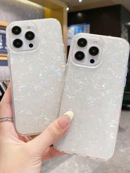 1pc White Electroplated Shell Pattern Glossy Soft Case, Compatible With 16/15/11/14/12/13 Pro Max, Camera Protection, Shockproof, Waterproof, Anti-Drop, Anti-Scratch
