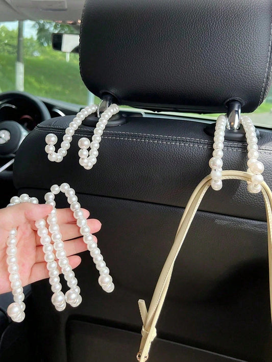 1pc White Faux Pearl Beaded Car Headrest Hook, Elegant Glossy Round Bead Storage Rack, Multi-Functional Car Back Seat Organizer, Cute Car Interior Decor Gift, Suitable For Wedding, Daily Travel Vehicl