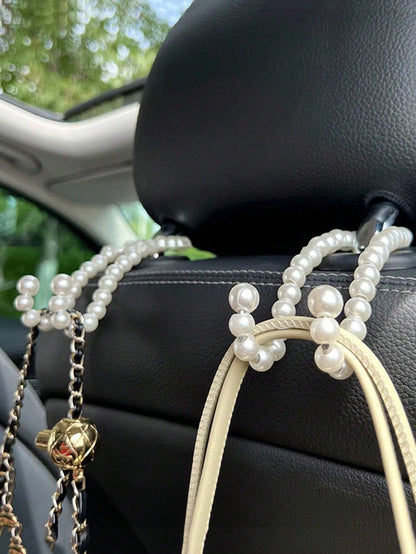 1pc White Faux Pearl Beaded Car Headrest Hook, Elegant Glossy Round Bead Storage Rack, Multi-Functional Car Back Seat Organizer, Cute Car Interior Decor Gift, Suitable For Wedding, Daily Travel Vehicl