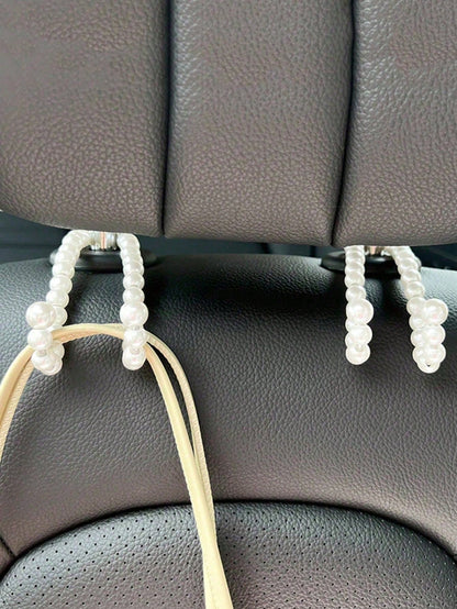 1pc White Faux Pearl Beaded Car Headrest Hook, Elegant Glossy Round Bead Storage Rack, Multi-Functional Car Back Seat Organizer, Cute Car Interior Decor Gift, Suitable For Wedding, Daily Travel Vehicl