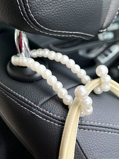 1pc White Faux Pearl Beaded Car Headrest Hook, Elegant Glossy Round Bead Storage Rack, Multi-Functional Car Back Seat Organizer, Cute Car Interior Decor Gift, Suitable For Wedding, Daily Travel Vehicl