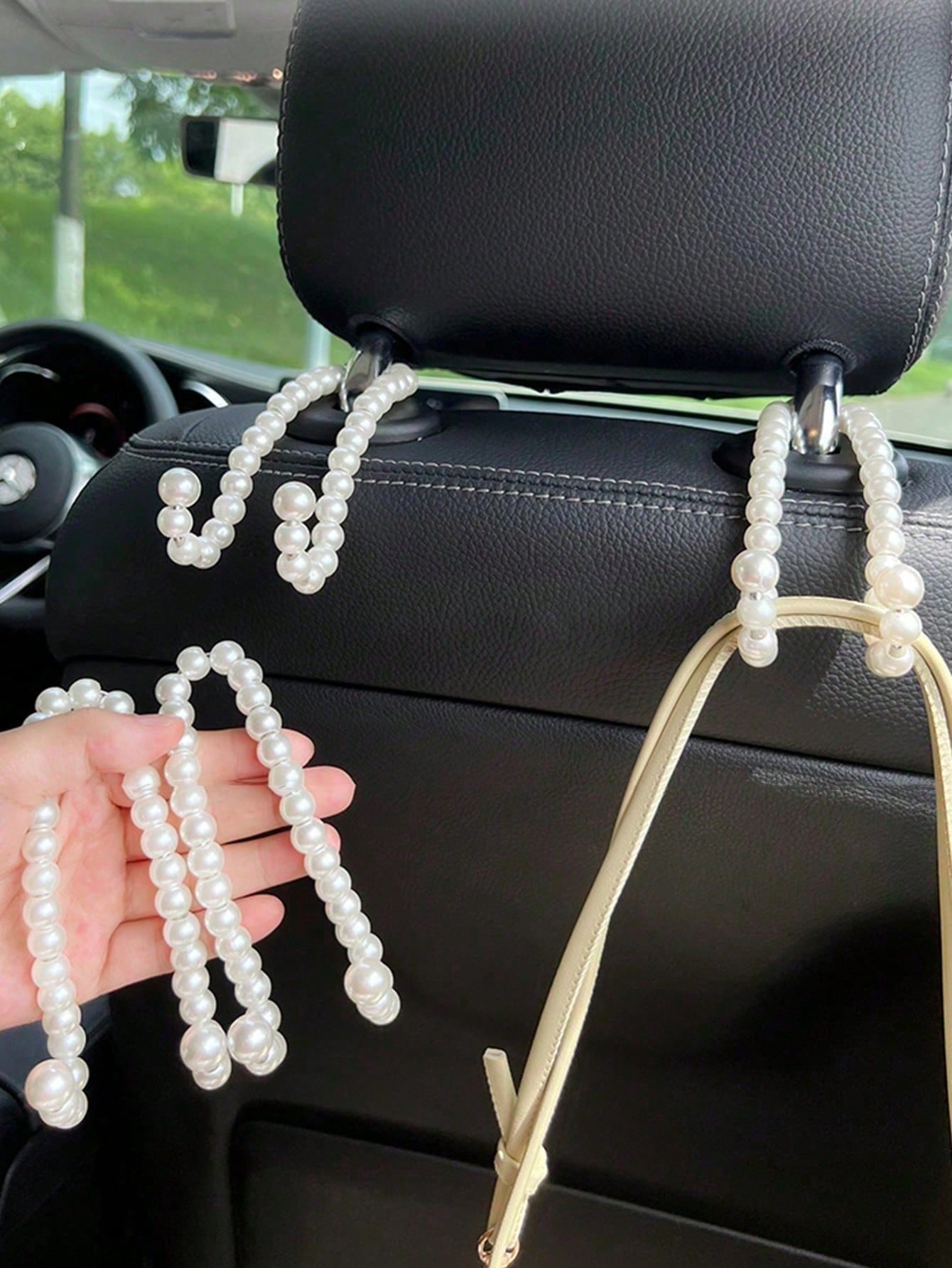 1pc White Faux Pearl Beaded Car Headrest Hook, Elegant Glossy Round Bead Storage Rack, Multi-Functional Car Back Seat Organizer, Cute Car Interior Decor Gift, Suitable For Wedding, Daily Travel Vehicl