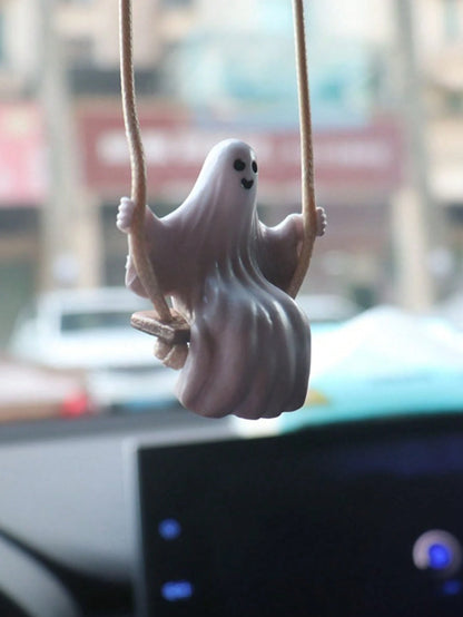 1pc White PVC Swing Ghost Car Pendant, Suitable For Rear View Mirror Decoration, Home Garden Decor