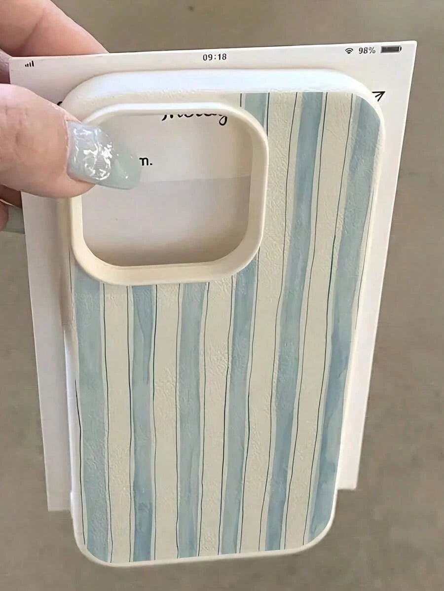 1pc White Wavy Blue Striped Pattern Full Coverage TPU Shockproof Phone Case Compatible With Apple 16, 15, 14, 13, 12, 11 Pro Max, And Series