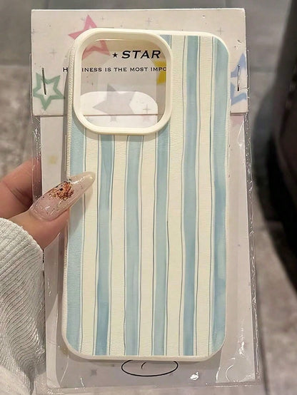 1pc White Wavy Blue Striped Pattern Full Coverage TPU Shockproof Phone Case Compatible With Apple 16, 15, 14, 13, 12, 11 Pro Max, And Series