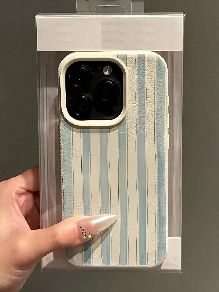1pc White Wavy Blue Striped Pattern Full Coverage TPU Shockproof Phone Case Compatible With Apple 16, 15, 14, 13, 12, 11 Pro Max, And Series