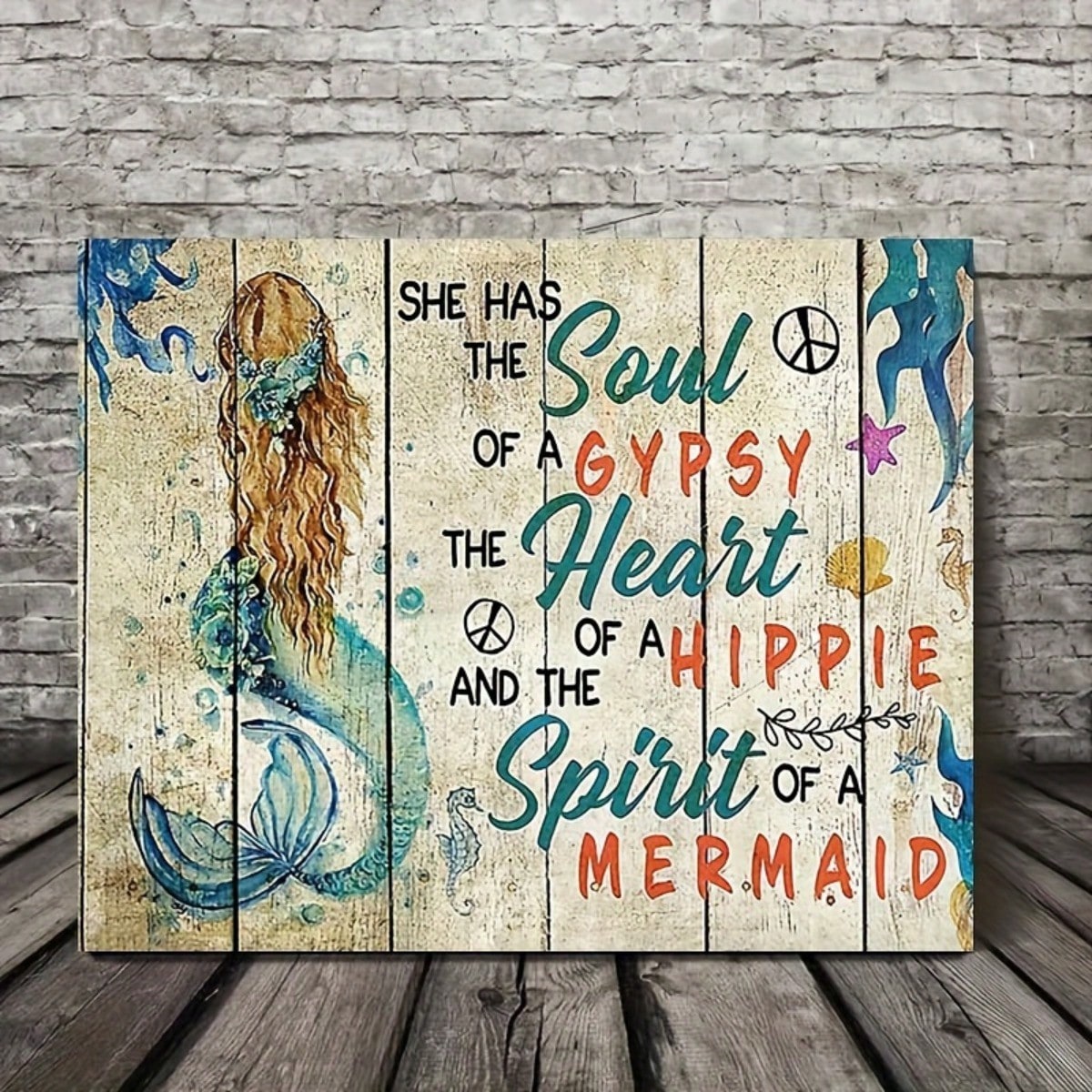 1pc Wooden Framed Mermaid Canvas Painting Art Prints Wall For Bedroom Living Room Decor Motivational Mermaid Ocean Theme Little Sea Life Pictures Canv