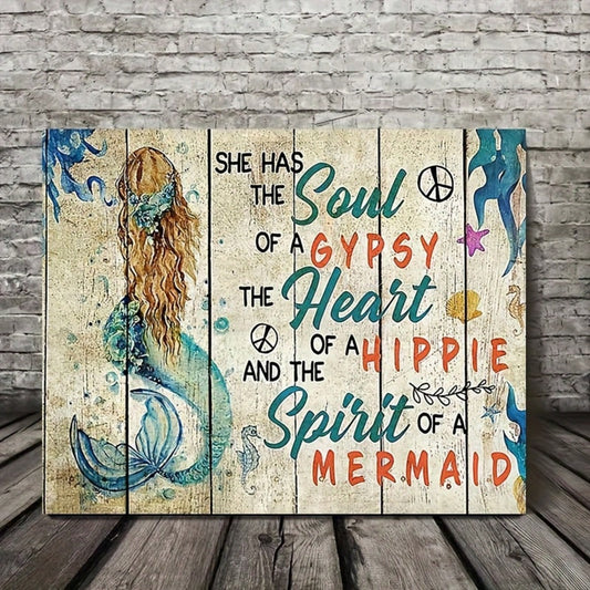 1pc Wooden Framed Mermaid Canvas Painting Art Prints Wall For Bedroom Living Room Decor Motivational Mermaid Ocean Theme Little Sea Life Pictures Canv