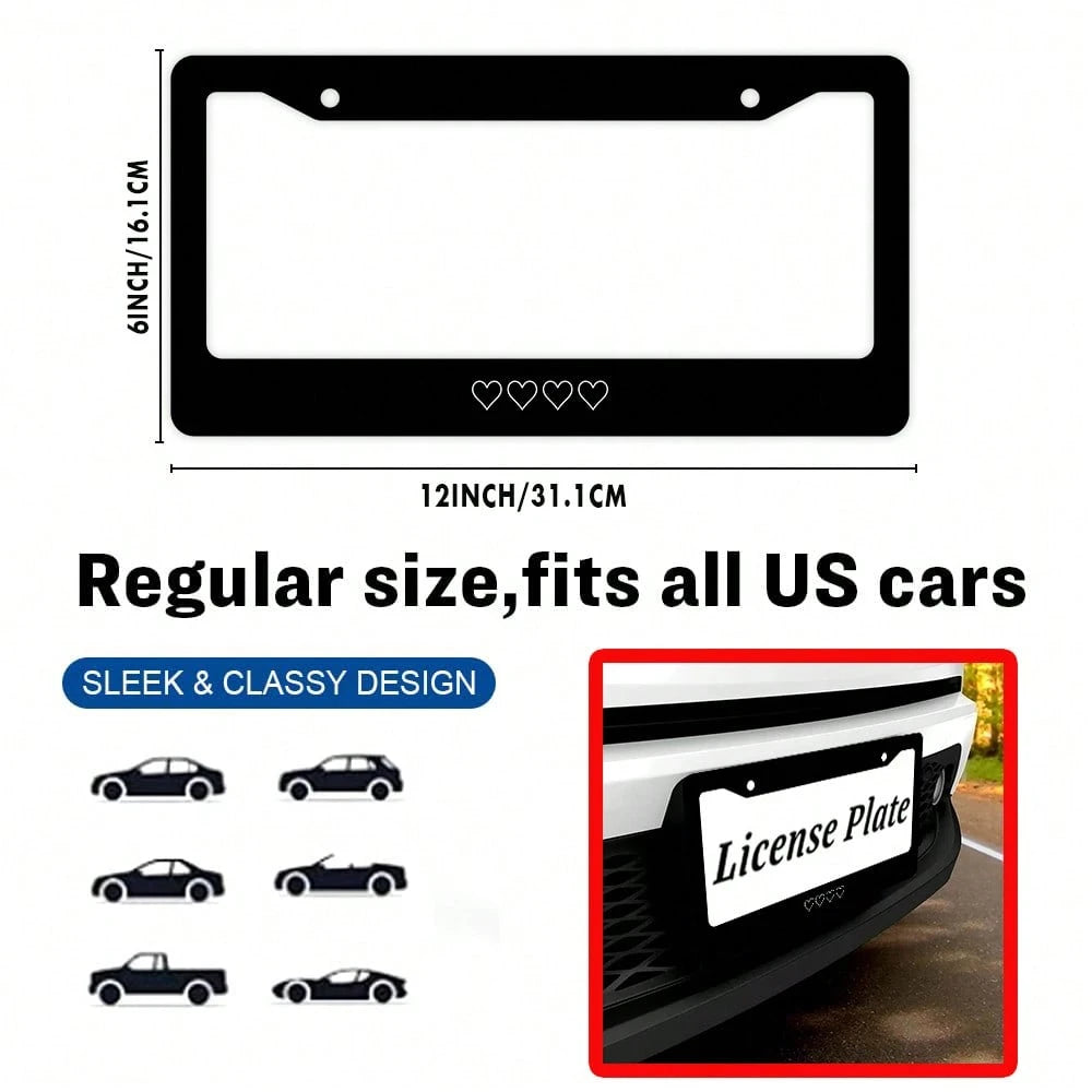 1PC,White Heart Style License Plate Prame Stainless Steel Rust-Proof Auto Parts License Plate Decorative Screws Fit Standard 2 Holes U.S. License Plate, 12.2x 6.3 Inch