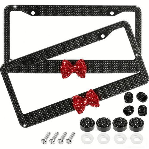 1PCS Bling License Plate Frame For Women, Rhinestone Bow Car License Plate Holder,Handmade Glitter Crystal Diamond Lincense Plate Cover