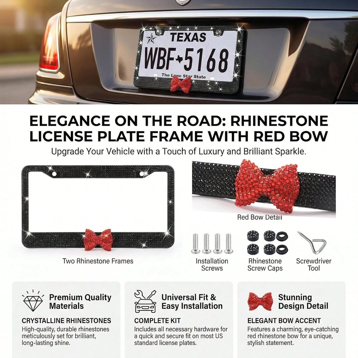 1PCS Bling License Plate Frame For Women, Rhinestone Bow Car License Plate Holder,Handmade Glitter Crystal Diamond Lincense Plate Cover