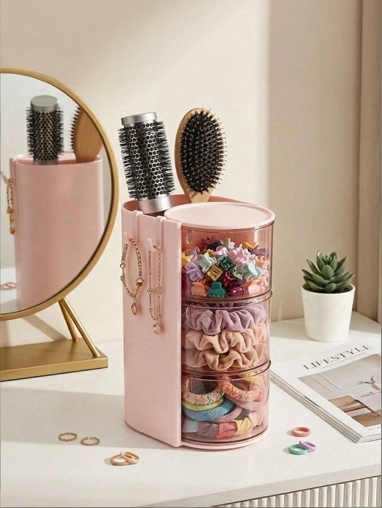2/1pc Multifunctional Rotating Desktop Organizer, Rotating Multi-Layer Transparent Hair Accessory Storage Box, Children's Room Rotating Desktop Organizer, Baby Hair Accessory Storage Box, Hair Accesso