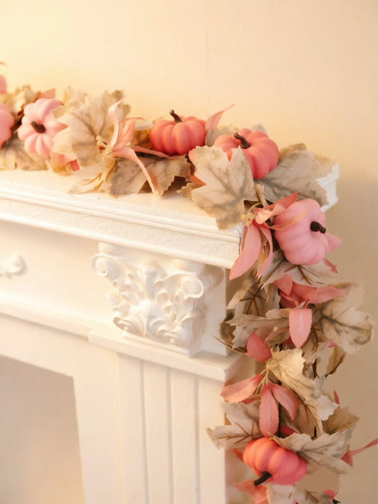 2/4pcs Artificial Pumpkin Vine, Halloween, Harvest Festival, Thanksgiving Garland Decoration, Pink Pumpkin, Fireplace Decor With Maple Leaves