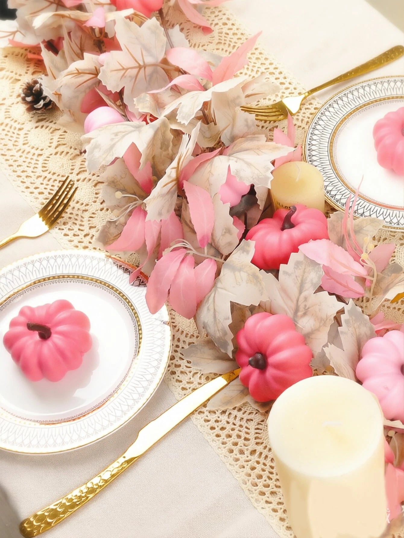 2/4pcs Artificial Pumpkin Vine, Halloween, Harvest Festival, Thanksgiving Garland Decoration, Pink Pumpkin, Fireplace Decor With Maple Leaves