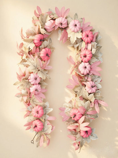 2/4pcs Artificial Pumpkin Vine, Halloween, Harvest Festival, Thanksgiving Garland Decoration, Pink Pumpkin, Fireplace Decor With Maple Leaves