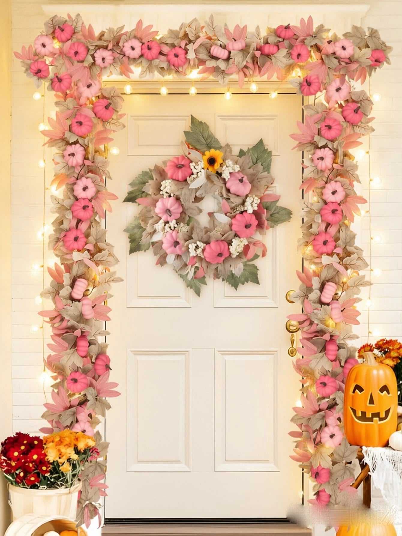 2/4pcs Artificial Pumpkin Vine, Halloween, Harvest Festival, Thanksgiving Garland Decoration, Pink Pumpkin, Fireplace Decor With Maple Leaves